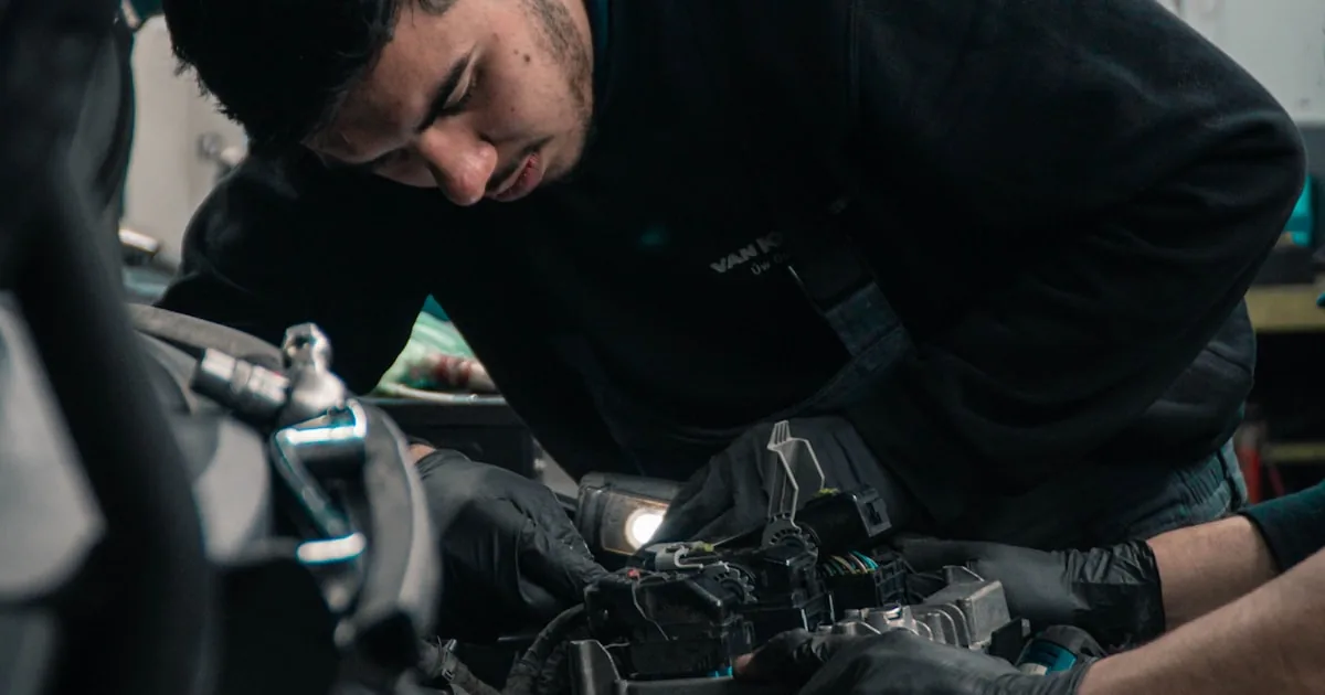 Mecanic auto lucrând la motorul unei mașini