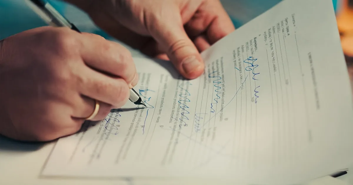 Mâini semnând un contract de asigurare cu pixul