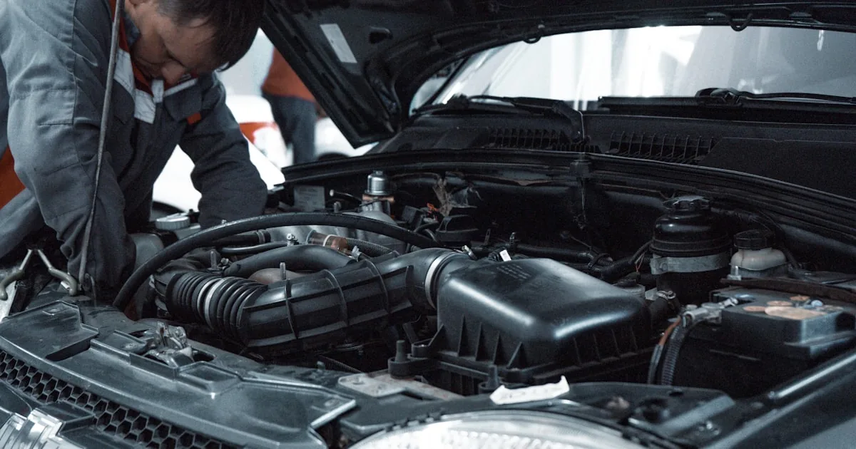 Tehnician în uniformă verificând compartimentul motor